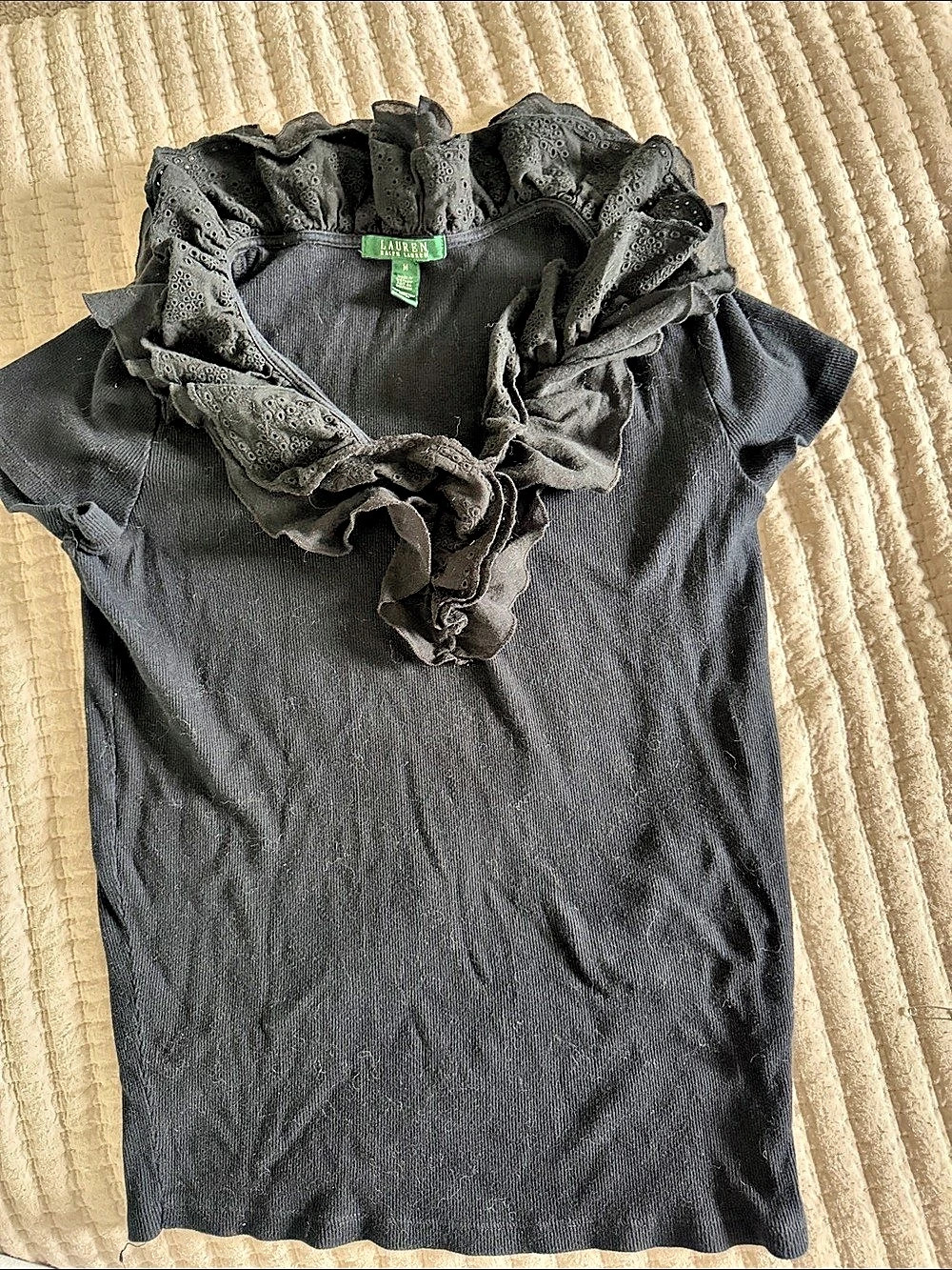 Lauren Ralph Lauren Black Ruffle Short Sleeve Top Size Medium